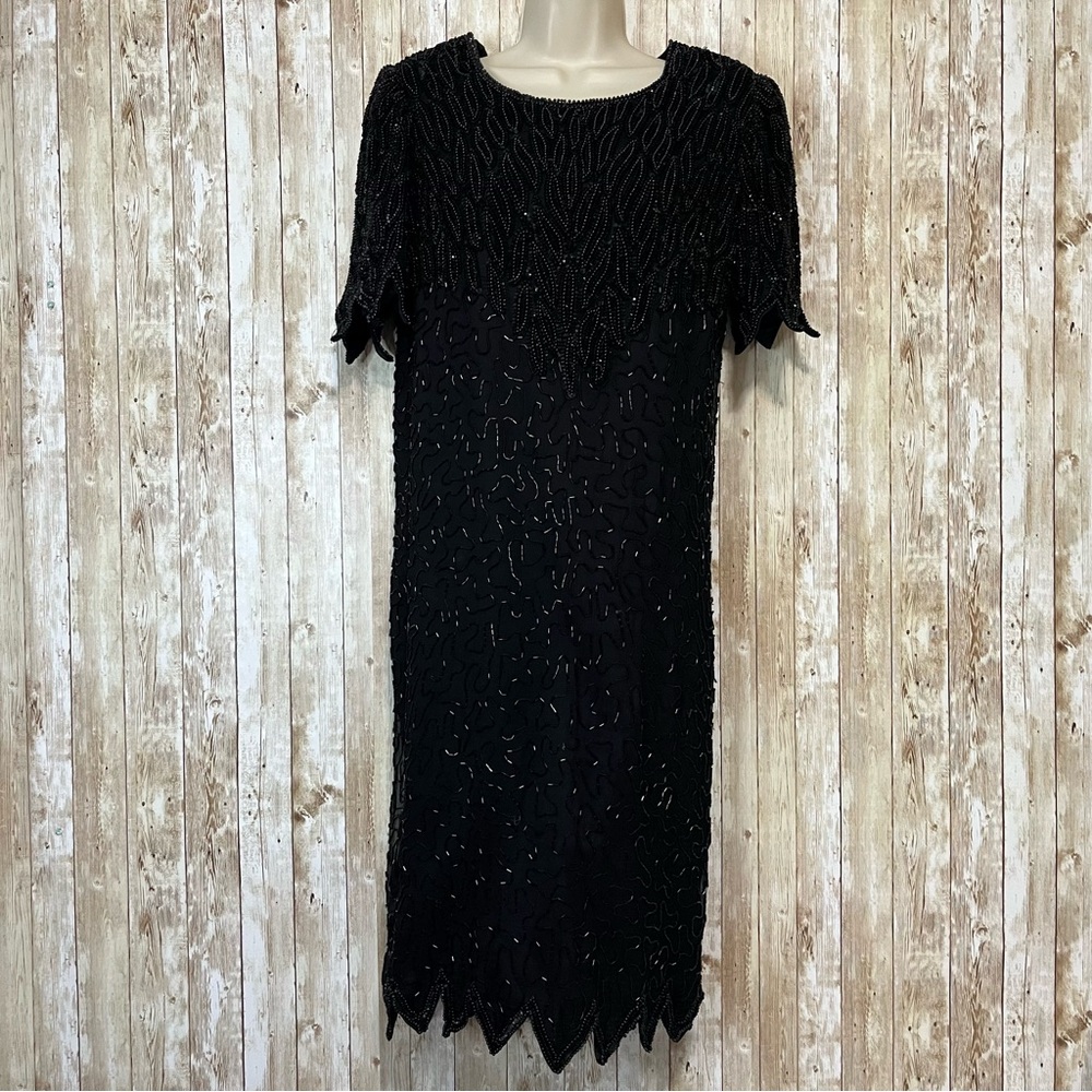Vintage Laurence Kazar 1980s dress, little black dress beaded